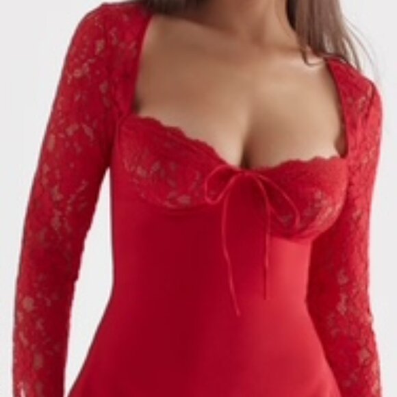 House of CB Jennica Red Rose Satin and Lace Mini Dress - Picture 2 of 9